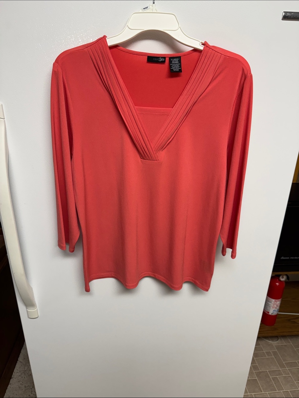 East 5th Coral V-Neck Pleated Trim Tunic